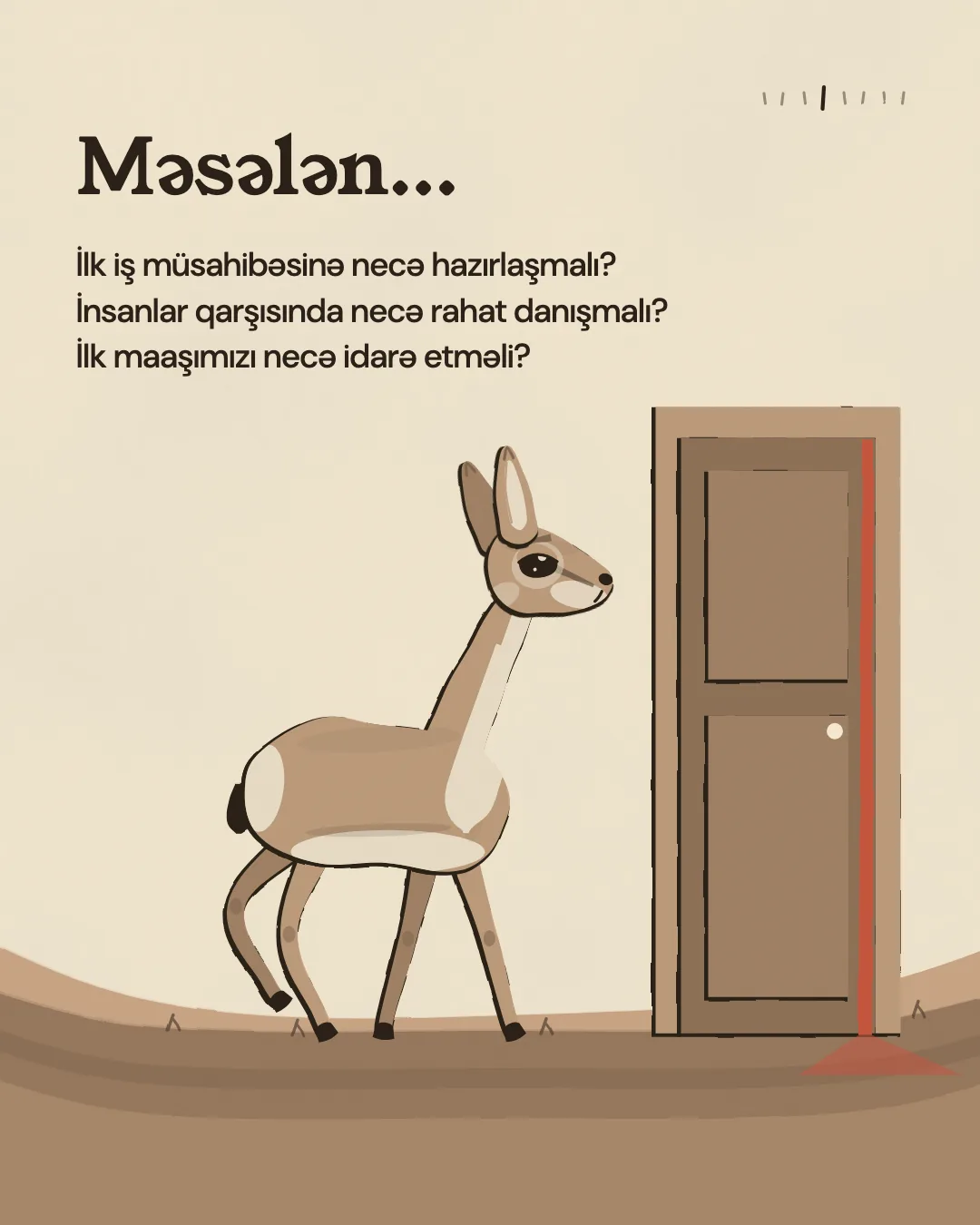 Məsələn... İlk iş müsahibəsinə necə hazırlaşmalı? İnsanlar qarşısında necə rahat danışmalı? İlk maaşımızı necə idarə etməli?